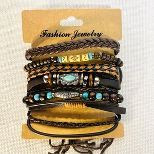 Men’s 6 Piece Boho Leather Fashion Bracelet Set with Silver and Beaded Accents